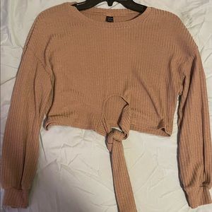 Tan Cropped sweater, long sleeves, tie in the front